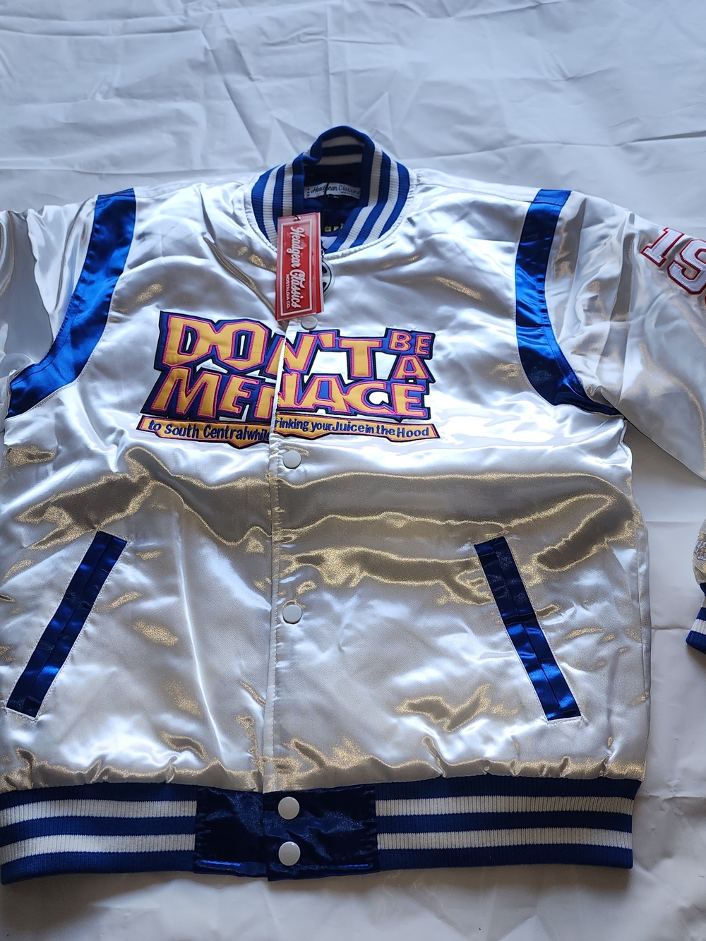 Nostalgia CO. Don’t Be A Menace White Satin Varsity Jacket SZ YOUTH KIDS XLARGE